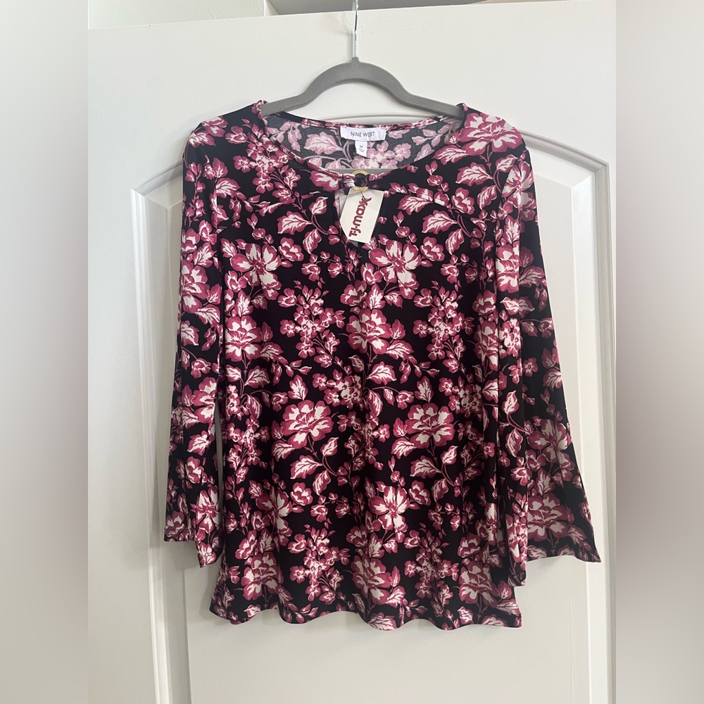 Nine West Black and Pink Ruffled 3/4 Sleeve Blouse